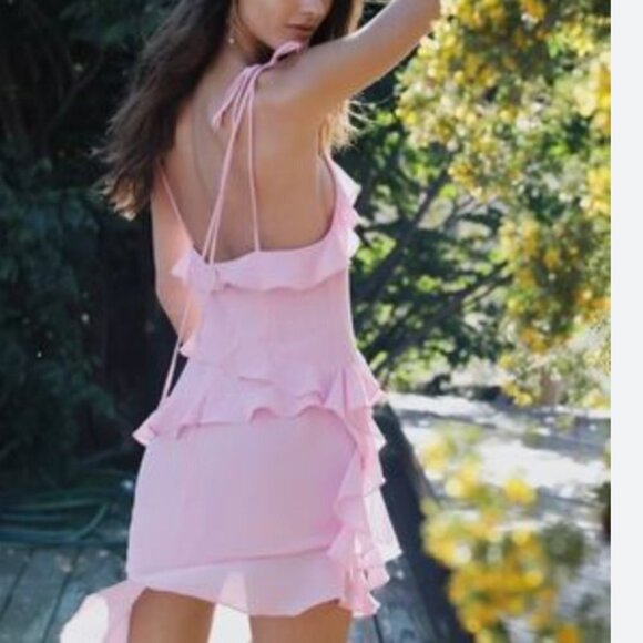 ADEIRLINA PINK RUFFLE TIE SPAGHETTI STRAPS ASYMMETRICAL MINI DRESS - XS - Picture 2 of 11